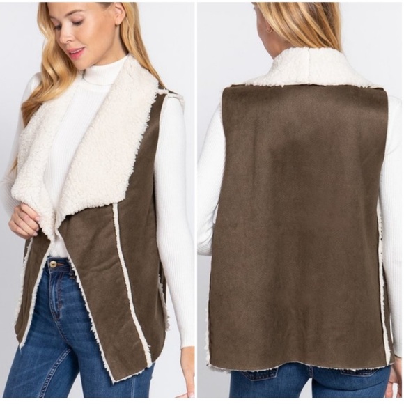 WEAR A HUG Long Sherpa lined open Lapel Cozy VEST Medium New - Picture 2 of 7